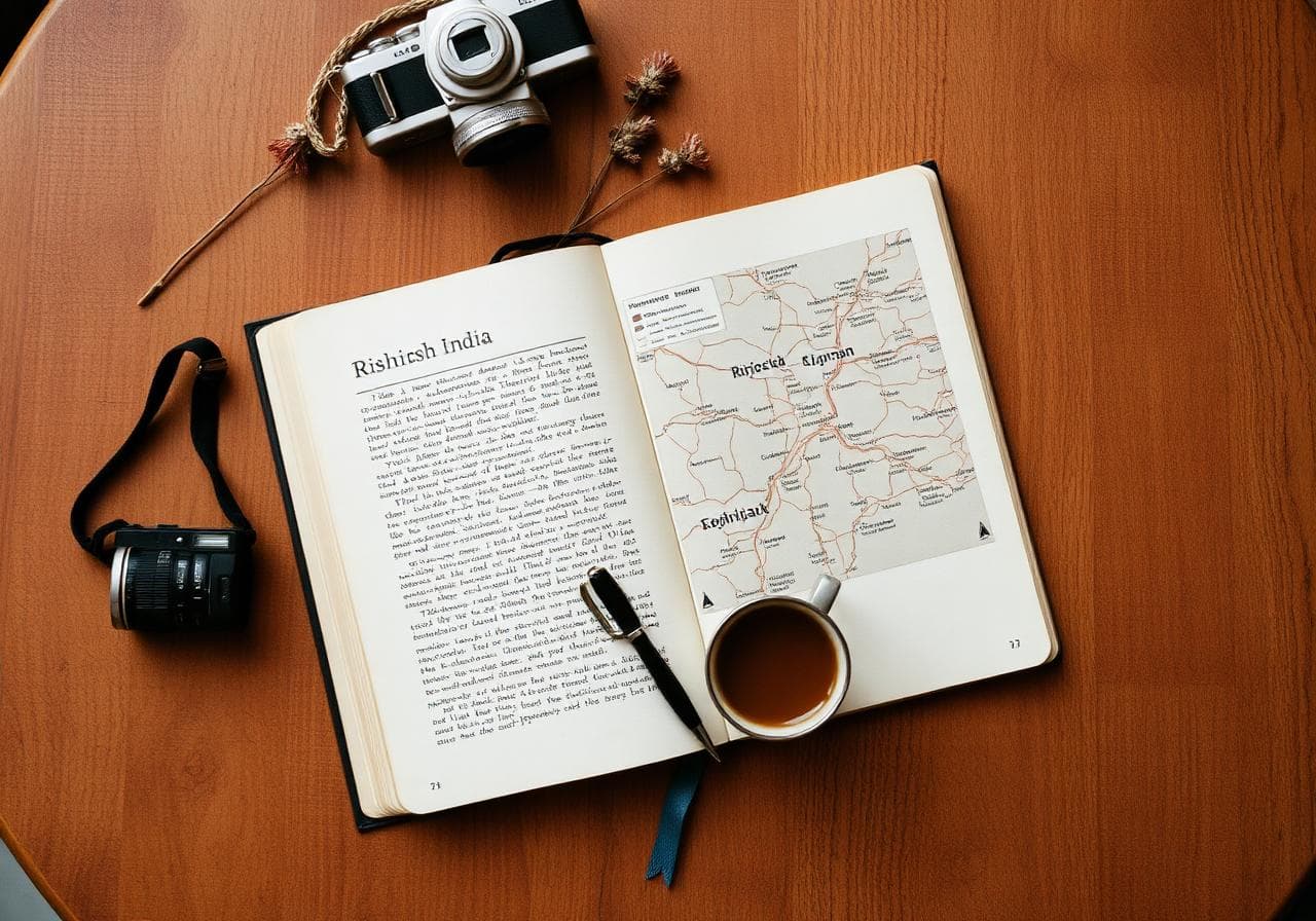 Open travel journal with map of Rishikesh
